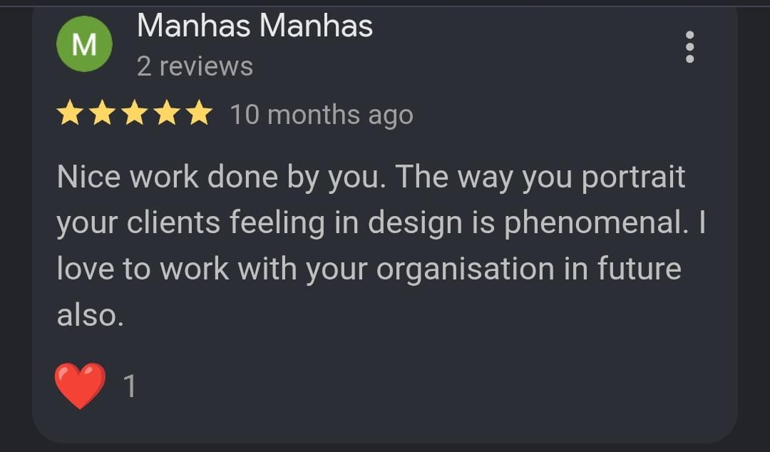 5-star Google review from Manhas Manhas praising the design work
