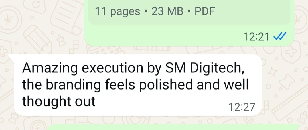 WhatsApp message praising SM DigiTech's branding execution